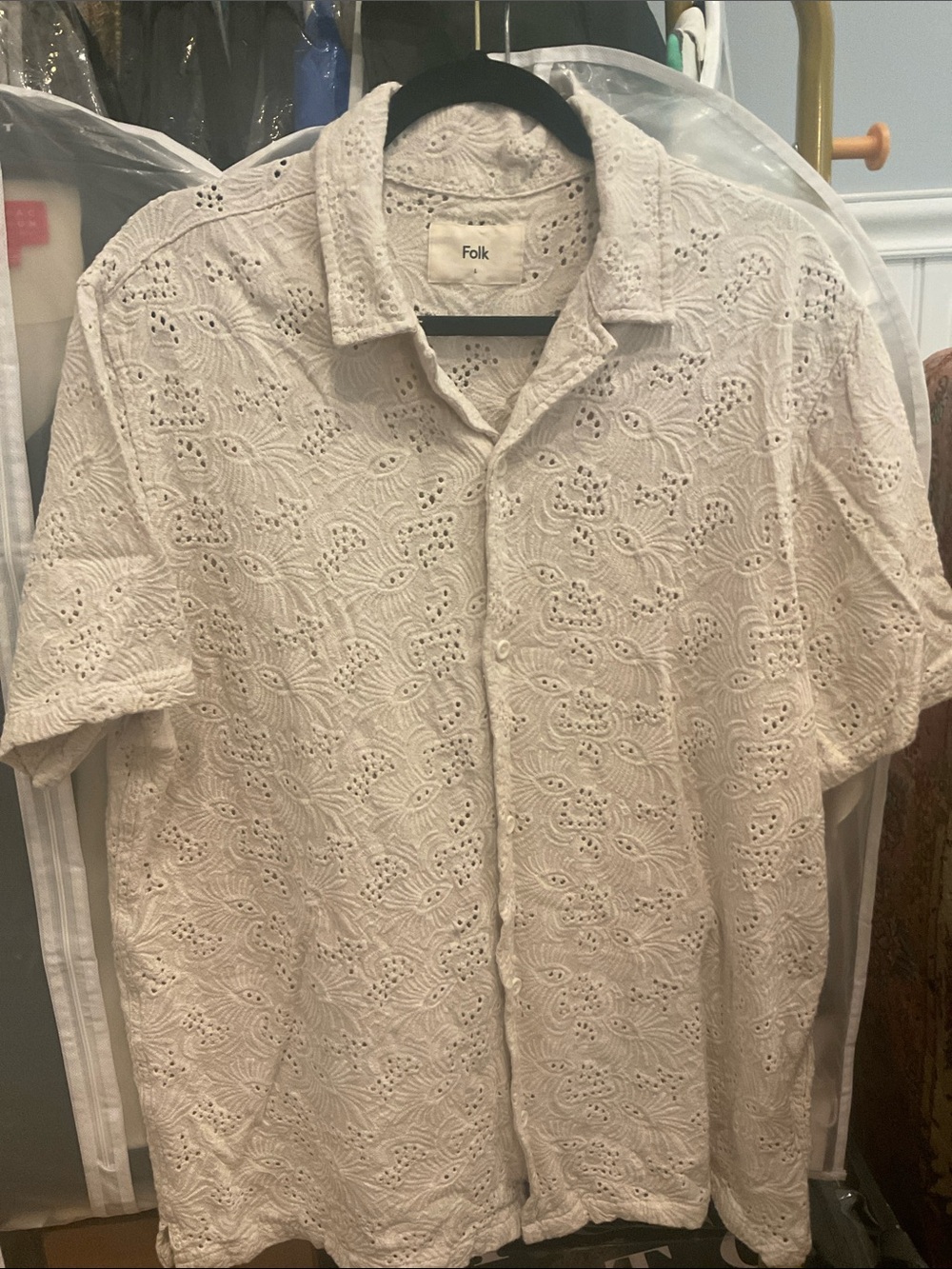 NWT Folk London Embroidered Eyelet Linen Blend Camp Shirt - Men's Large